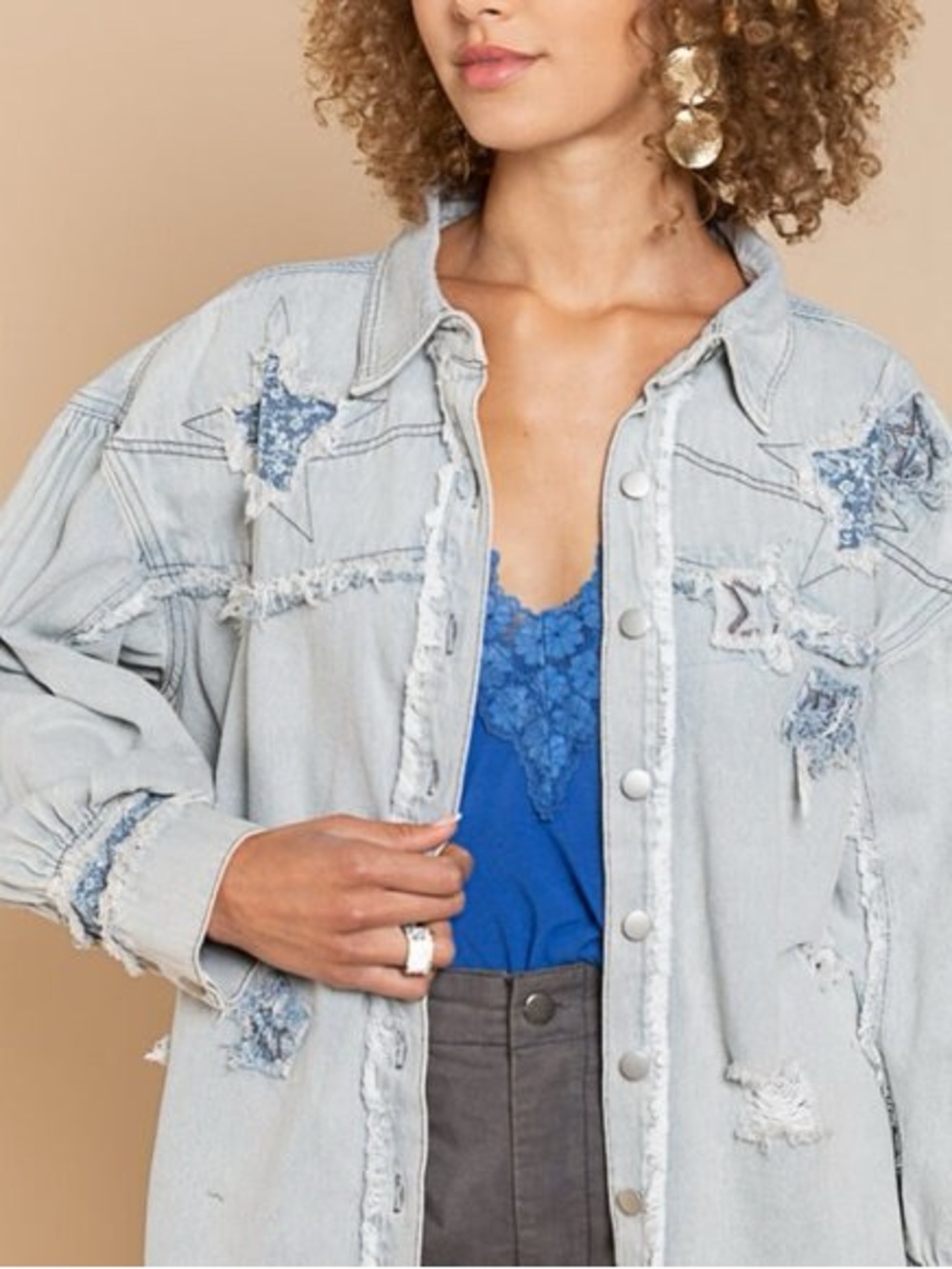 POL Star Patchwork Frayed Denim Jacket